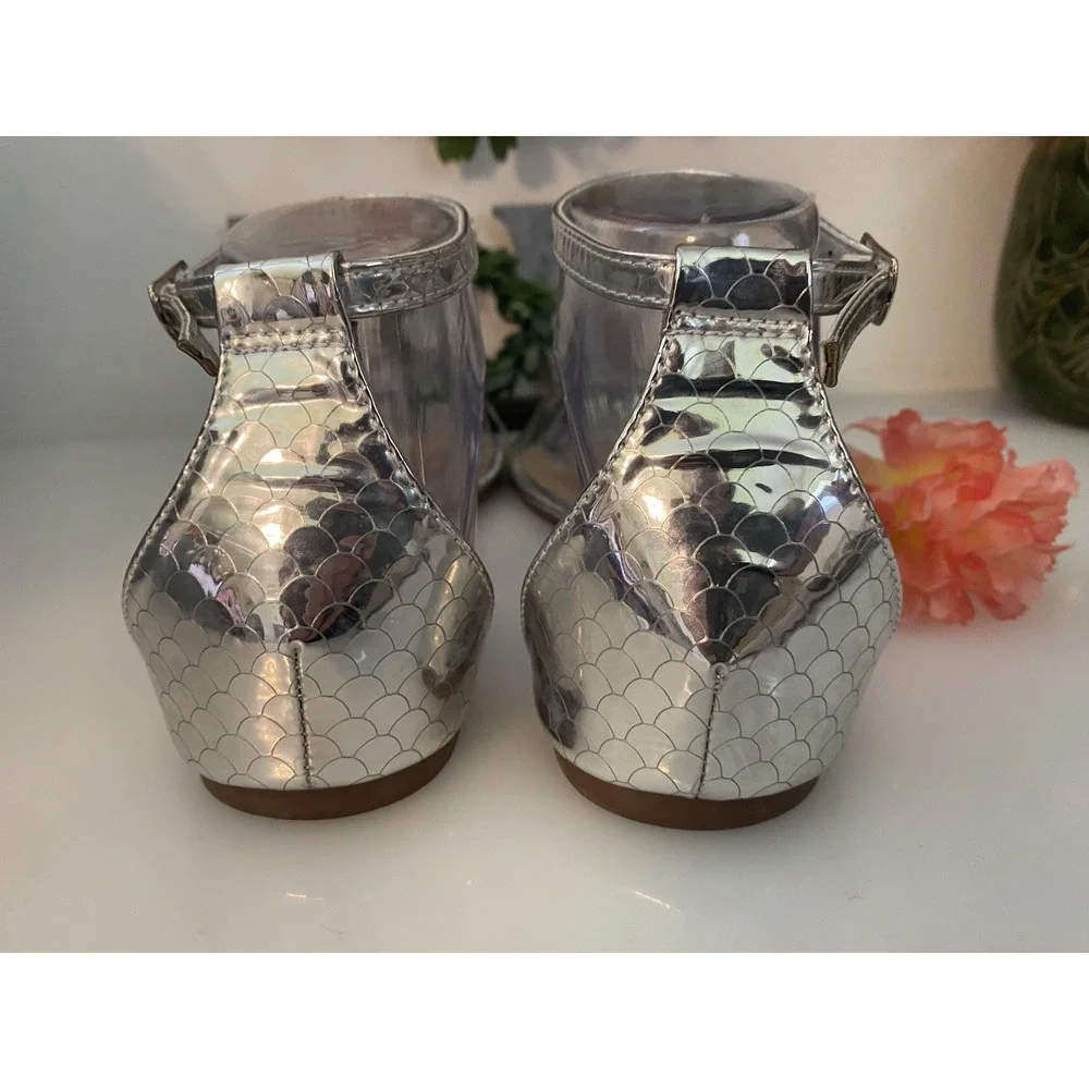 Clear Acrylic and Silver Faux Reptile Wild Diva Ankle Strap Sandals Size‎ 8/8.5
